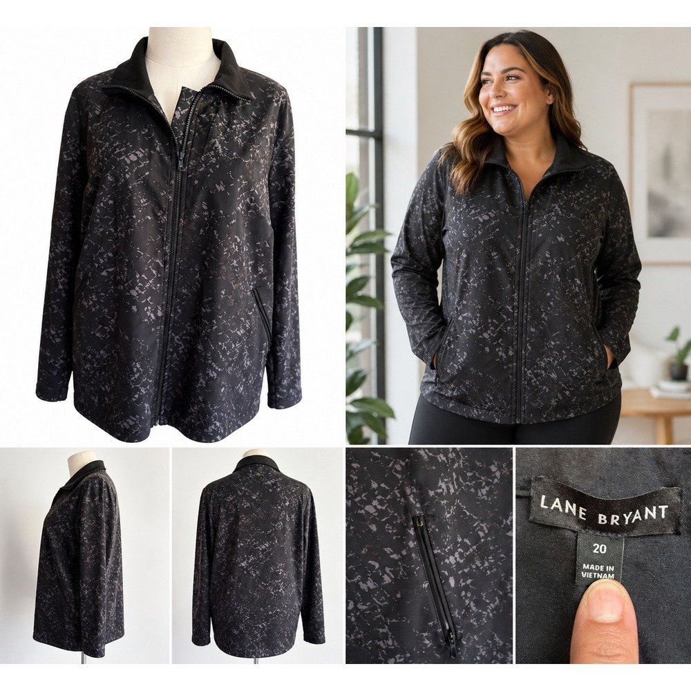 Lane‎ Bryant Womens Plus Size 20 Black Grey Abstract Print Zip Up Track Jacket